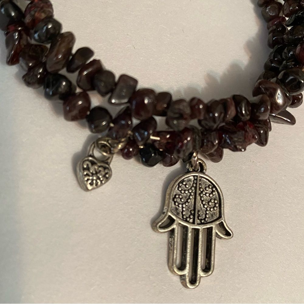Genuine Garnet Gemstone Beaded Bracelet with Hamsa Charm, January Birthstone